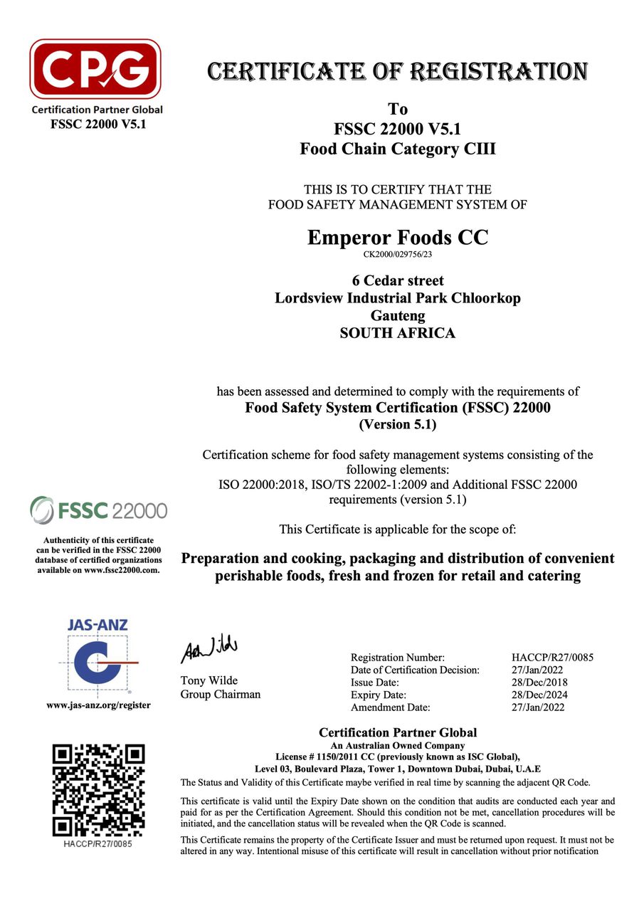 Emperor Foods FSSC v5.1 Certificate